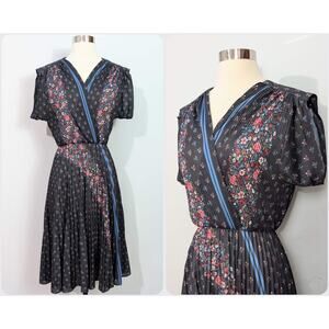 70s Black Floral Accordion Pleated Faux Wrap Dress
